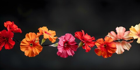 Marigold flower garlands against black background for colorful festive display. Concept Festive Decor, Floral Arrangement, Marigold Garlands, Black Background, Color Contrast