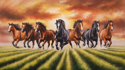 High resolution seven horses wall art poster for wall decoration, seven horses images illustration.