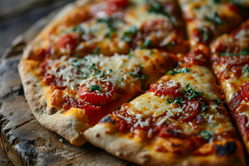 Pizza with mozzarella. tomatoes and basil on a wooden board