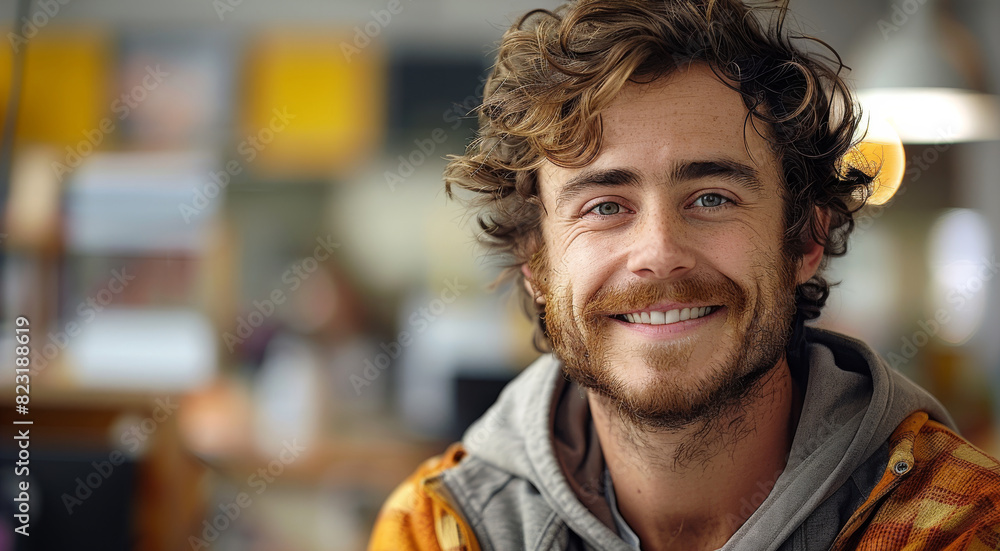 Poster a happy software developer in office. generative ai.