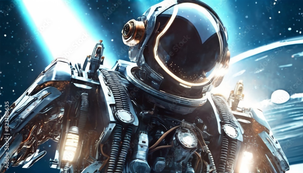 Poster an intricate space robot with an astronaut helmet floats in orbit, surrounded by cosmic lights, emph