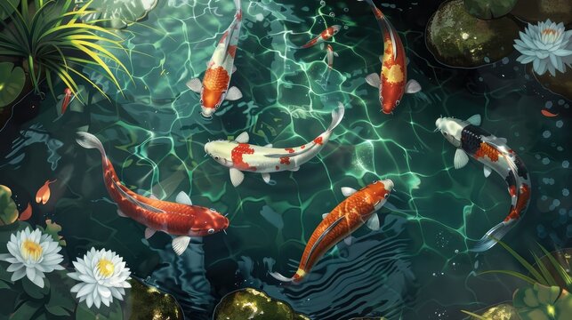 Colorful Koi fish peacefully swimming in a well-maintained pond, creating a tranquil and captivating scene.