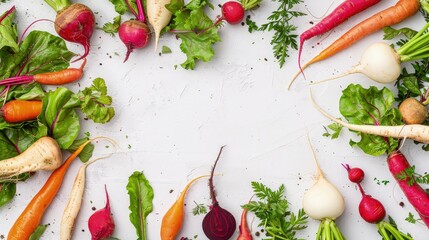 A colorful frame of root vegetables like carrots, beets, and radishes arranged neatly on a white background.