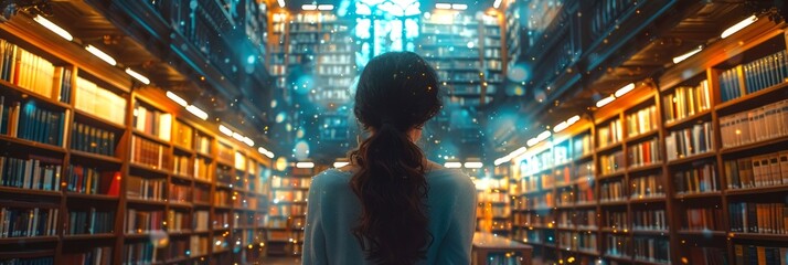 Woman standing in grand library with shelves full of books. Magical orbs surrounding female figure. Concept of magical academia, intellectual fantasy, knowledge, literature, study. Wide banner