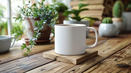 A clean mug mock-up on a coaster, waiting for your custom design or message.