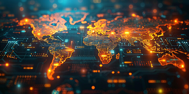 Close-up of advanced technological world map with business and engineering intersections, high-resolution, high-definition (HD), ultra high-definition (UHD), professional-grade