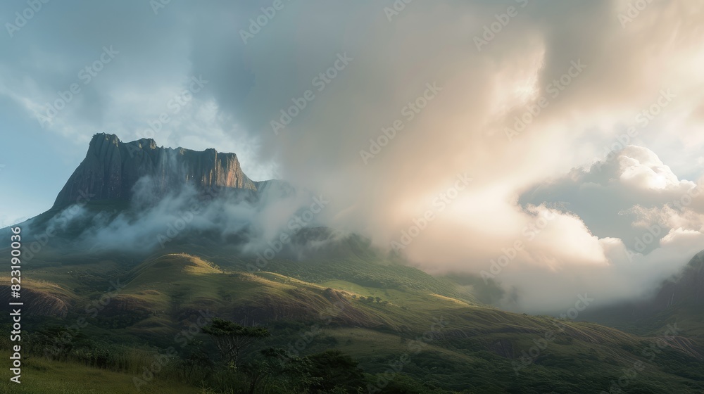 Wall mural majestic mountain landscape shrouded in morning mist