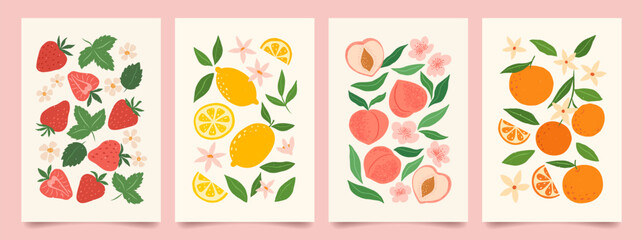 Collection of abstract fruit poster. Contemporary art print with hand drawn strawberry, lemon, peach and orange. Trendy design for wall decor, postcard, cover, packaging, t shirt.