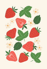 Abstract art fruit poster. Modern print with hand drawn strawberry, leaves and flowers. Paper cut contemporary art elements. Trendy design for wall decor, postcard, cover, t shirt.