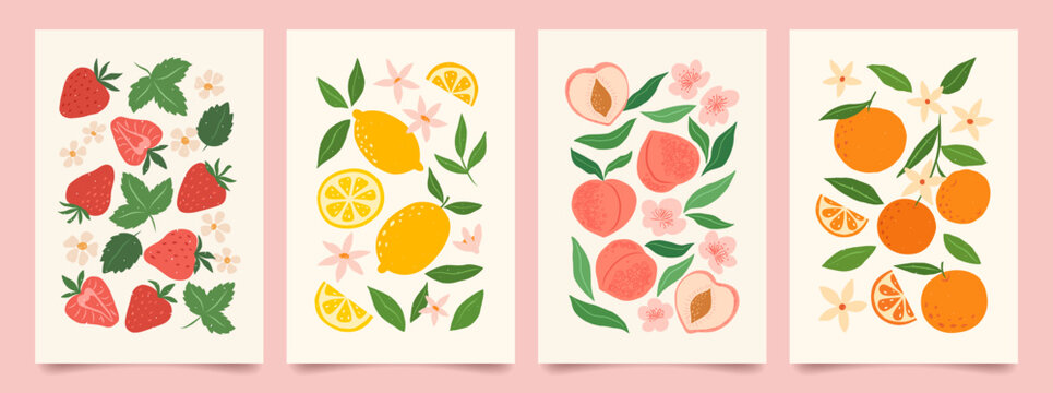 Naklejki Collection of abstract fruit poster. Contemporary art print with hand drawn strawberry, lemon, peach and orange. Trendy design for wall decor, postcard, cover, packaging, t shirt.