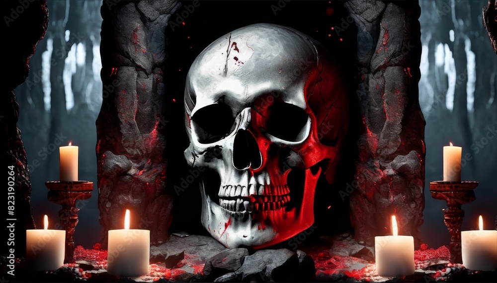 Aufkleber a sinister red skull placed in a dark cave, lit by surrounding candles, creating a mysterious and ma