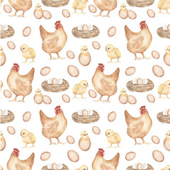 Watercolor chicken and hen seamless pattern, wild life life cycle repeat paper, animals textile background