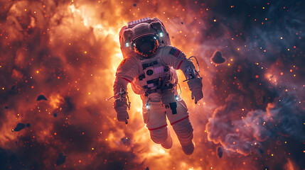 Dreamy astronaut floating in space, with a glowing helmet and purple stars