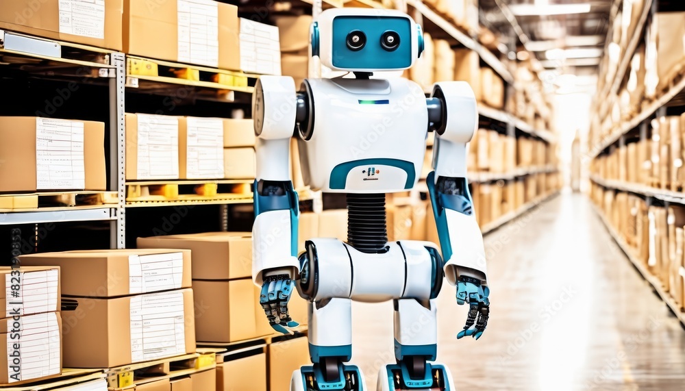Poster a humanoid robot with a friendly face stands in a warehouse aisle, surrounded by boxes and storage u