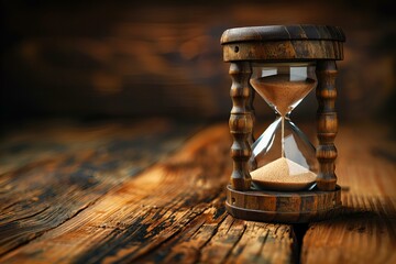 An hourglass on wooden table against dark backdrop