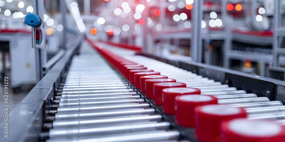 Poster closeup of conveyor belt in microfactory efficiently moving materials between production stages. con