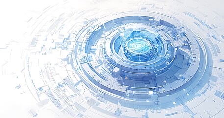 Elegant Abstract Futuristic Technology Background: White and Blue Circuit Board Elements with Floating Holographic Images
