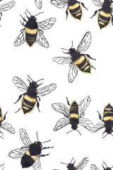 Cute watercolor seamless pattern with honey bee 