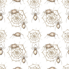 Watercolor spider and spider web seamless pattern, wild life repeat paper, insect textile background