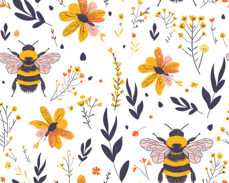 Cute watercolor seamless pattern with honey bee 