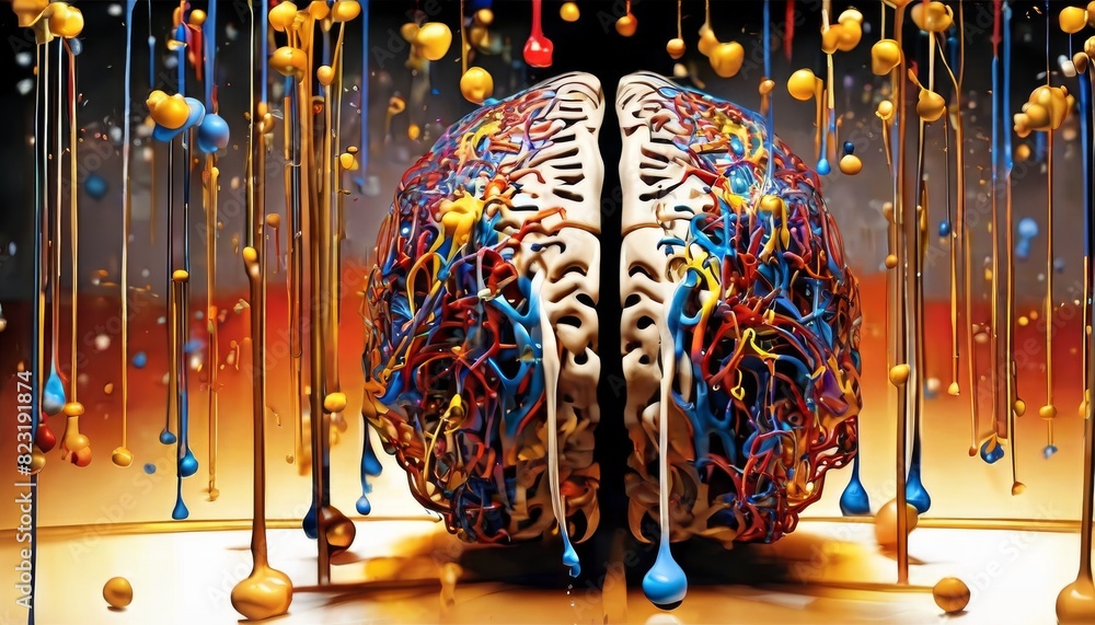 Poster an artistic depiction of a human brain with colorful paint drips, representing creativity and cognit