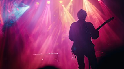 Silhouette of a guitarist on stage during a concert, with vibrant lights creating a dramatic backdrop.