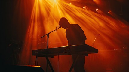 Fototapeta premium Silhouette of a keyboardist performing under intense stage lighting, capturing the mood of the concert.