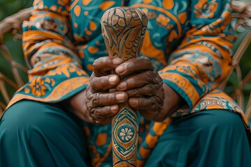 Person holding a wooden stick with a design