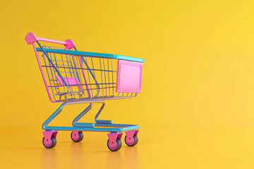 Vibrant Colorful Empty Shopping Cart on Yellow Background