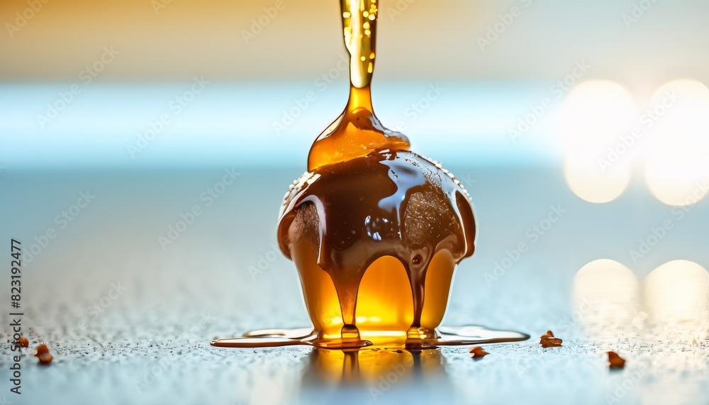 Poster golden syrup cascading elegantly over a small stack of pancakes, catching the sunlight and creating 