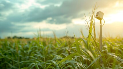 A weather station records data on wind speed temperature and precipitation to provide accurate forecasting for crop planning.