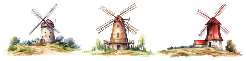 Obraz premium Cartoon windmill png element set on transparent background