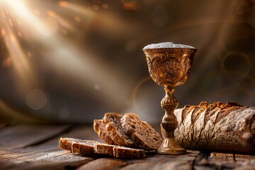 A goblet and bread on a table