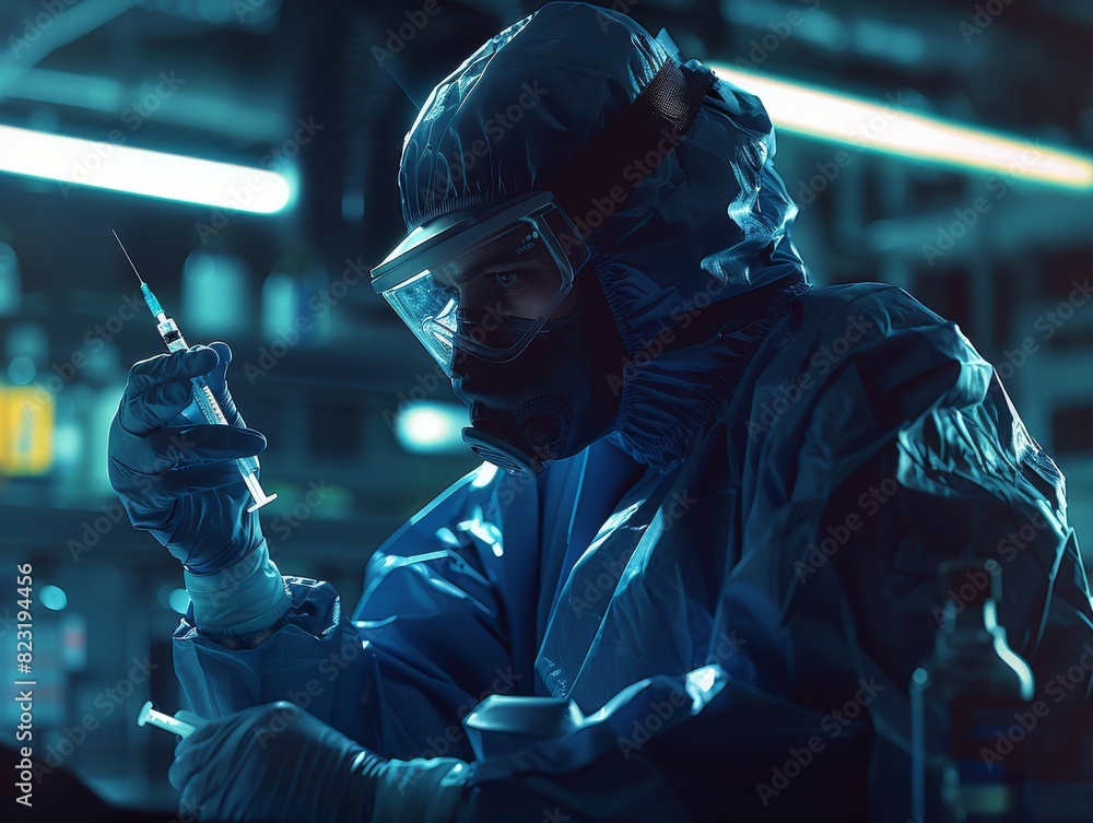 Aufkleber a scientist in full protective gear examines a syringe in a high-tech laboratory, highlighting advan