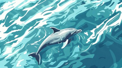 Beautiful digital illustration of a dolphin swimming in the ocean, surrounded by vibrant blue water with sunlight reflections.