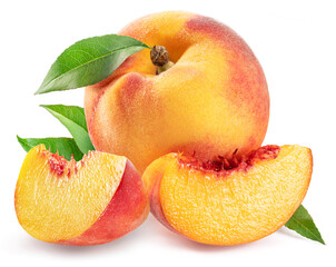 Ripe peach with leaf and peach slices isolated on white background.