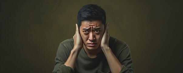 Olive background sad asian man realistic person portrait of young teenage beautiful bad mood expression boy Isolated on Background depression anxiety fear burn out health