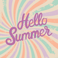 Y2K aesthetics, Groovy wavy Summer Card with lettering Hello Summer. Floral Vector Card in 1970s Hippie Retro Style.