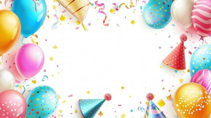 Beautiful birthday background with balloons, confetti and party hat on white background. Birthday frame. Birthday celebration background with copy space.