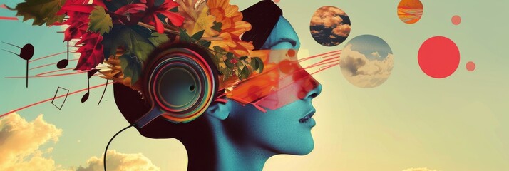 Summer Music Collage, Surreal Trendy Contemporary Poster, Fall Music Concept