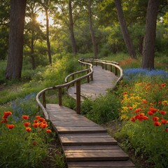 Fototapeta premium Wooden boardwalk winds its way through lush forest, bathed in soft glow of sunlight filtering through trees. Path lined with vibrant greenery, variety of colorful wildflowers.