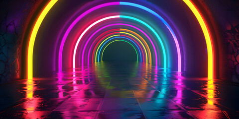 Abstract Colorful Circle Neon Tunnel Background, Bright Light Tunnel A Vibrant Passage of Illuminated Pathway