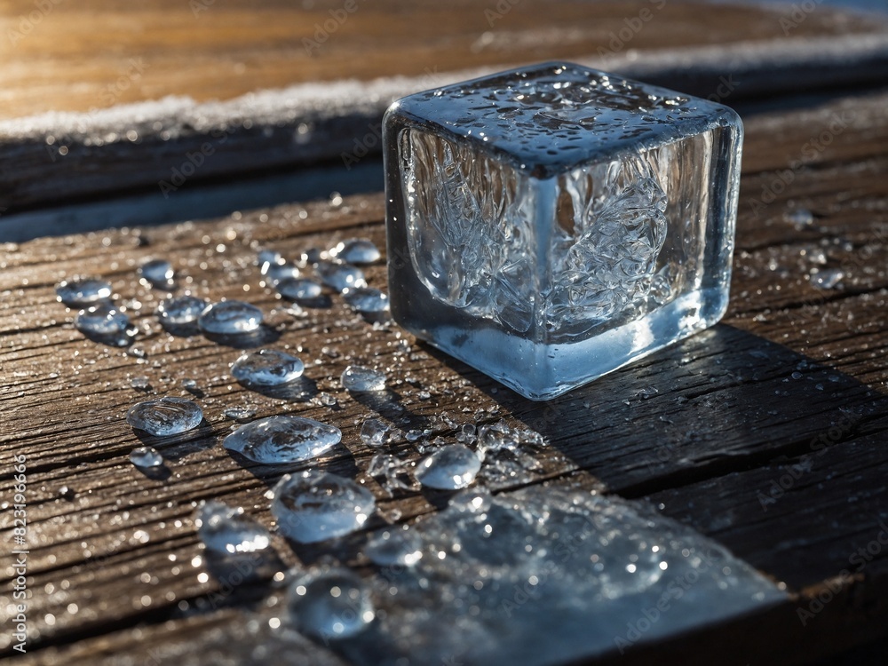 Aufkleber block of ice melting on wooden surface. surrounding block droplets of water, reflecting sunlight. in