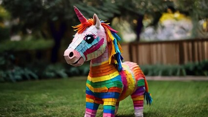 Colorful unicorn piñata in garden, cinco de mayo festival, mexican culture - Powered by Adobe