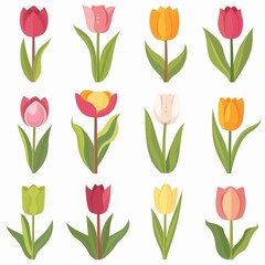 Obraz premium Tulip Flower Icon Set, Garden Tulip Flower Flat Design, Abstract Tulip Flower Symbol, Simple Flowers