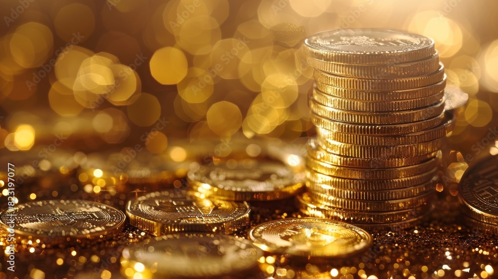 Poster a stack of golden coins symbolizing wealth and prosperity, arranged neatly against a shimmering gold