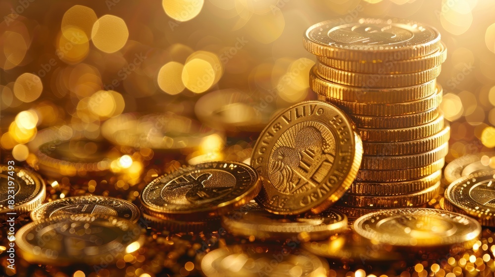 Poster A stack of golden coins symbolizing wealth and prosperity, arranged neatly against a shimmering gold background. Generative AI.