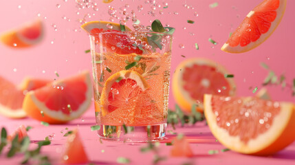 Sparkling grapefruit juice in a glass with falling fruit slices and aromatic herbs. A flavorful summer beverage enjoyed on a vibrant pink backdrop.