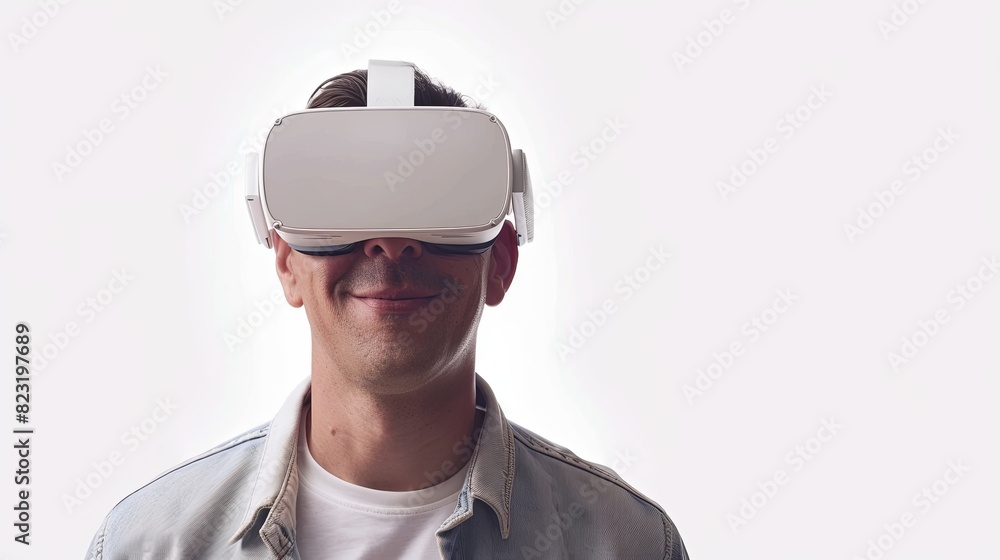 Poster a man joyfully donning virtual reality glasses in a blank white space. generative ai