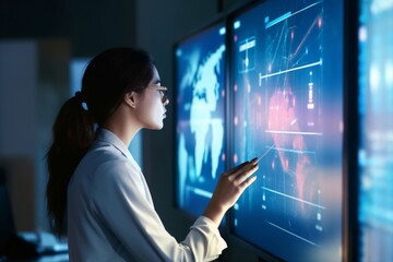 big data analysis helps businesses gain valuable insights into their operations. businesswoman preparing a project management presentation on graphical screens in a modern business office